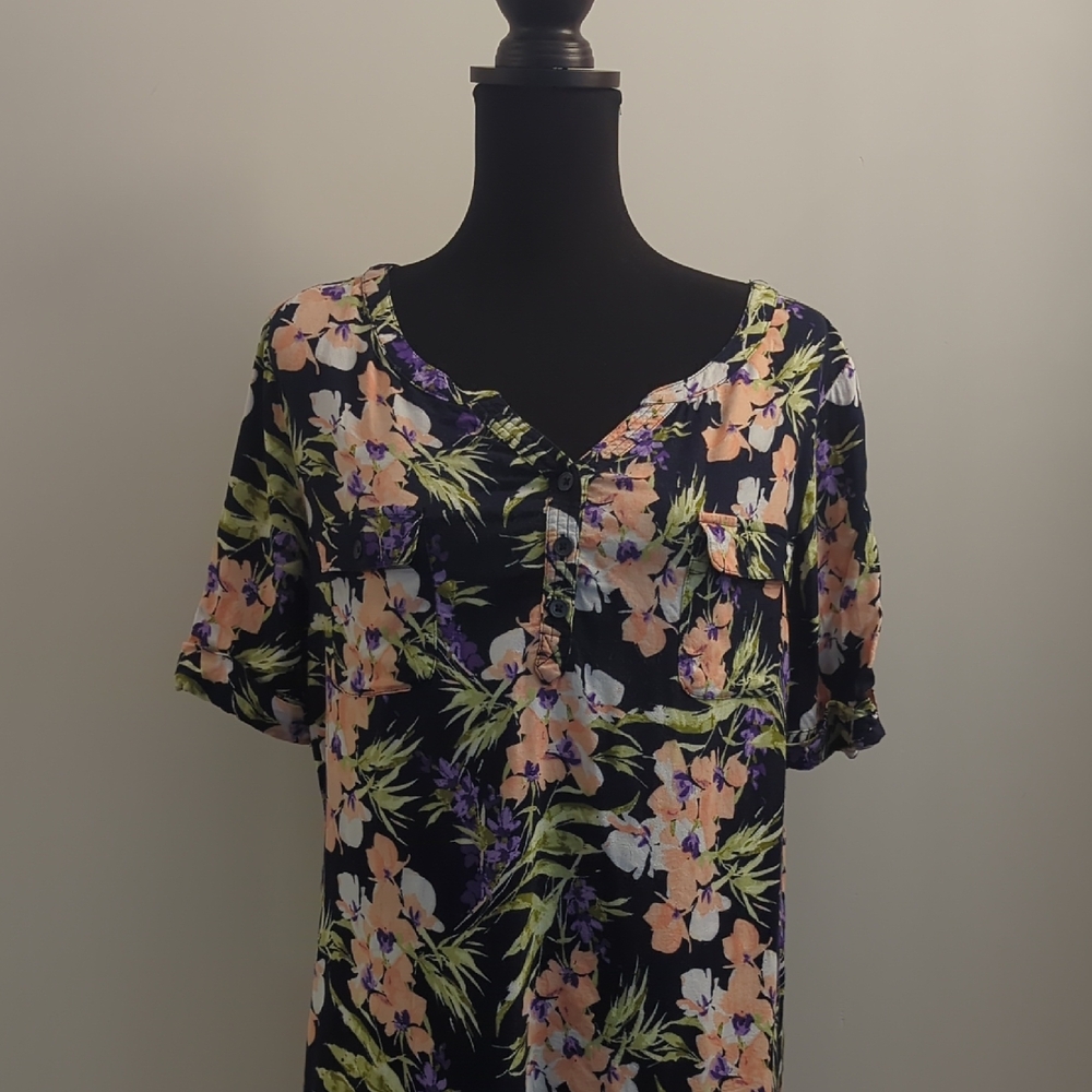 croft & barrow Navy Floral Henley with Peach and Lavender Accents